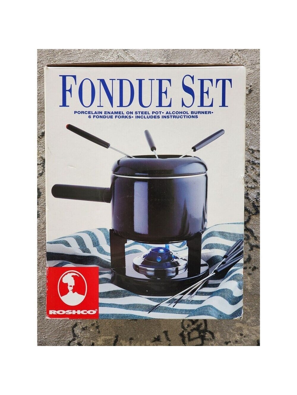 Roscho Fondue Set 2-Qt Porcelain Enamel Pot 6 Forks Burner New In Box